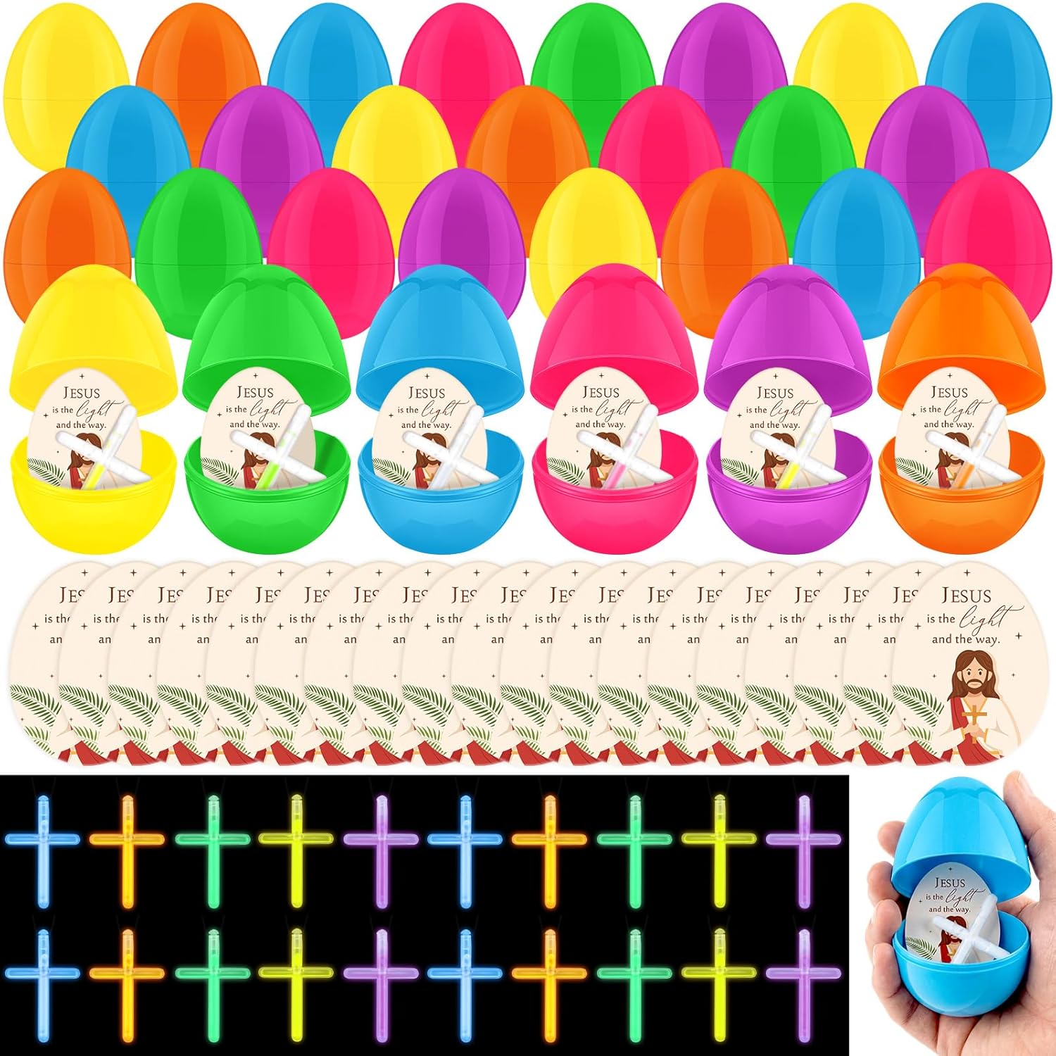 Wettarn 72 Set Prefilled Easter Eggs with Glow Cross Bulk Christian Cards for Women Men Easter Basket Stuffers Party Favors Egg Fillers Hunt