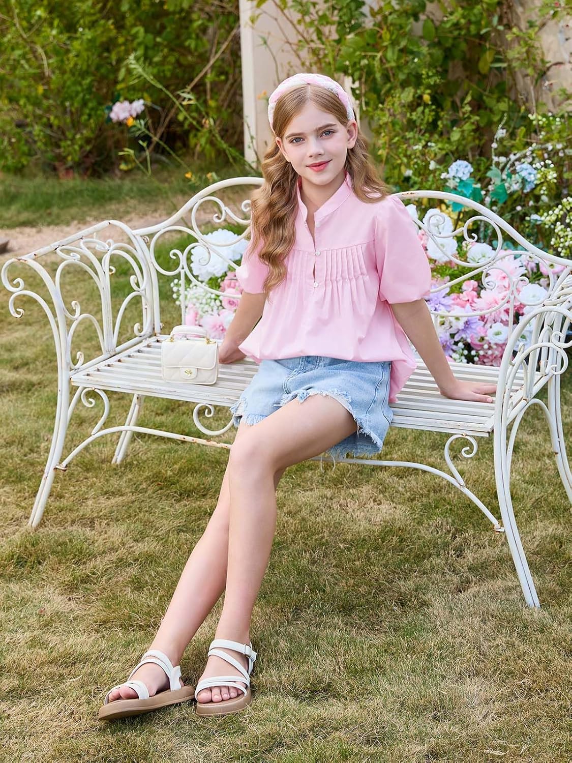 Girls Puff Short Sleeve Shirts Kids Casual Pleated Half Button Loose Blouse Summer Tops 5-14 Years - Image 5