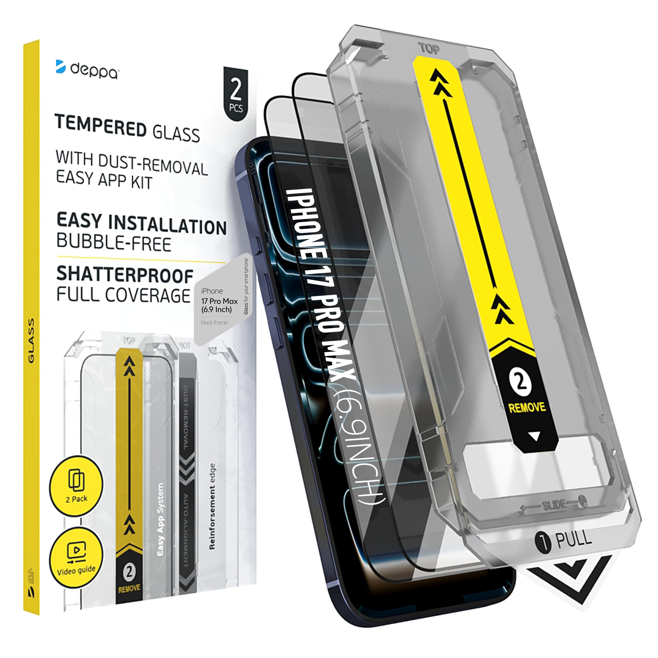 Deppa | 2 Piezas | Para iPhone 17 Pro Max (6.9") Cristal Templado Protector de Pantalla con Kit de Instalación Inteligente | Anti-Polvo y Sin Burbujas | Cobertura Completa