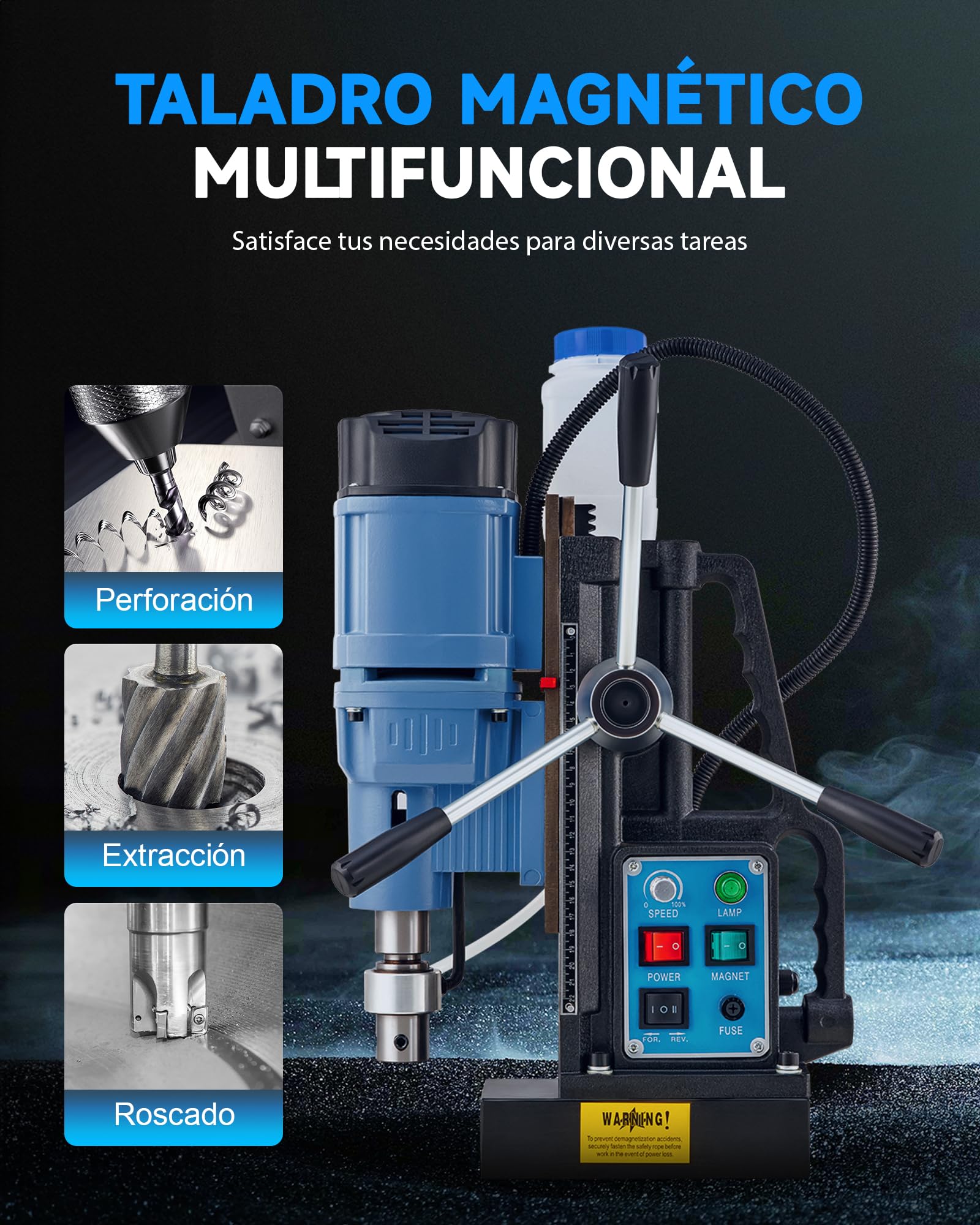 ZELCAN Taladro Magnético Profesional 1950W | 6 Brocas, Fuerza de 13900N, Diámetro Máx. 50 mm, 650 rpm, Control de Velocidad Continua y Reversa para Superficies Metálicas