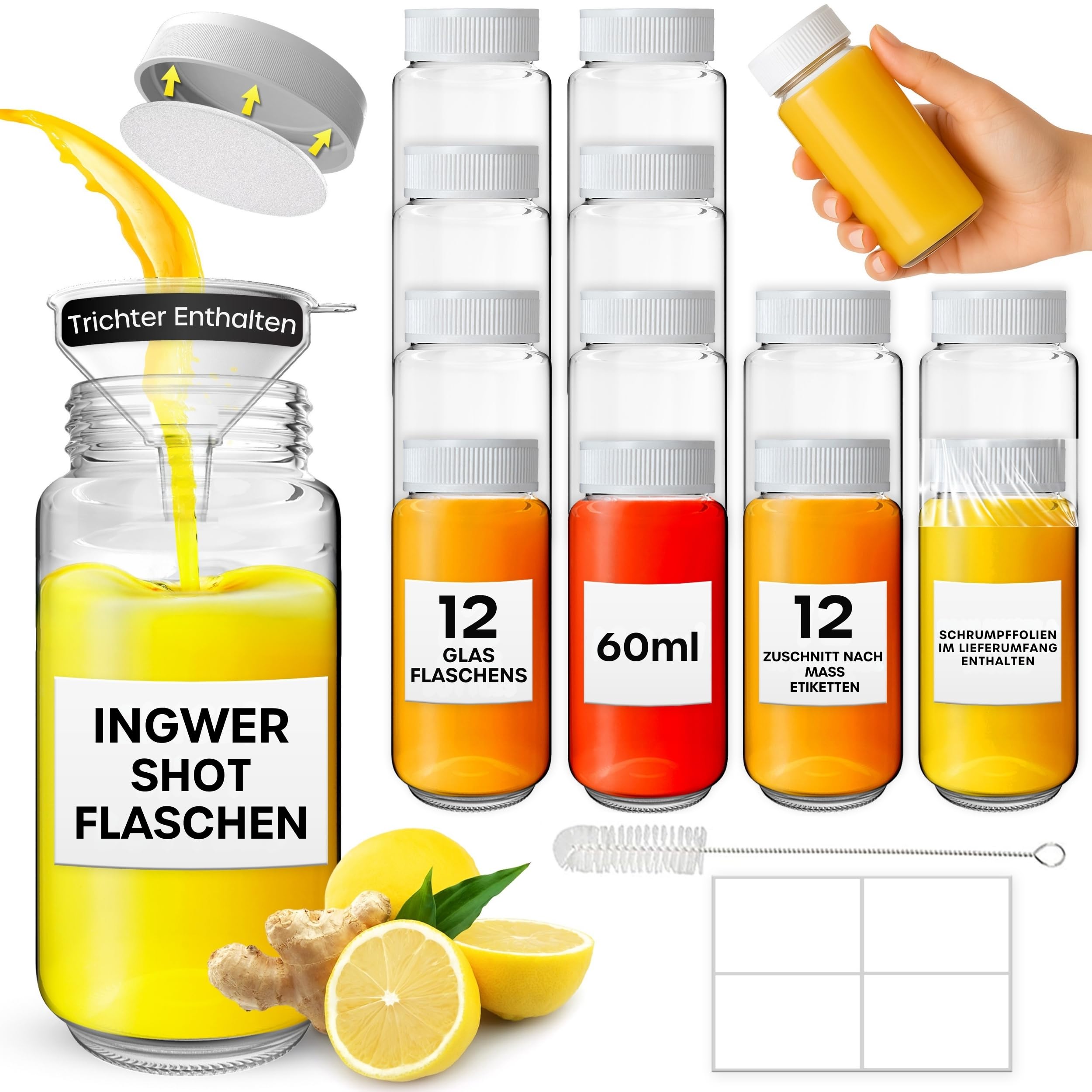 volila 12pcs 2oz/60ml Ingwer Shot Flasche - Shot Flaschen zum Befüllen mit Etiketten und Edelstahl-Trichtern, Flaschen zum Befüllen für Saft, Lngwer, Wellness Shot, Probe (Weißer Deckel)