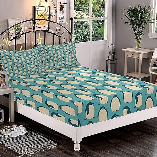 Juego de sábanas decorativas de tamaño Cal-King, juego de sábanas bajeras con bolsillos profundos de pingüino y 2 fundas de almohada, juego de