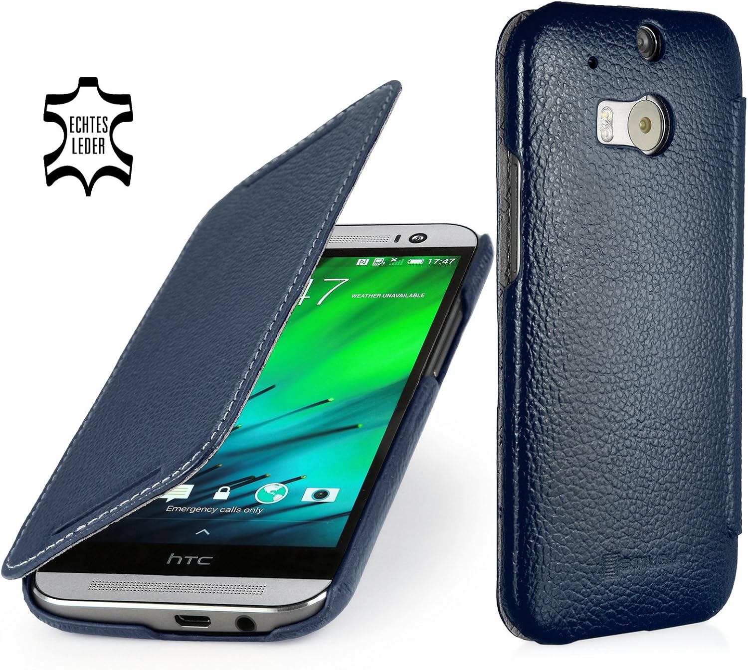 StilGut® Book Type, Leather Case for HTC One M8 & M8s, Navy Blue