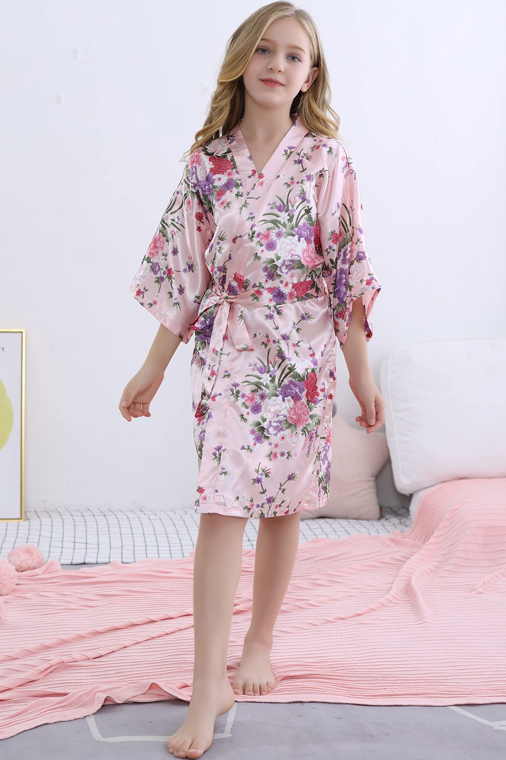 MORFORU Girls Kids Daffodils Silky Satin Kimono Robe for Wedding Spa Party, Short (Pink, Tag 8)