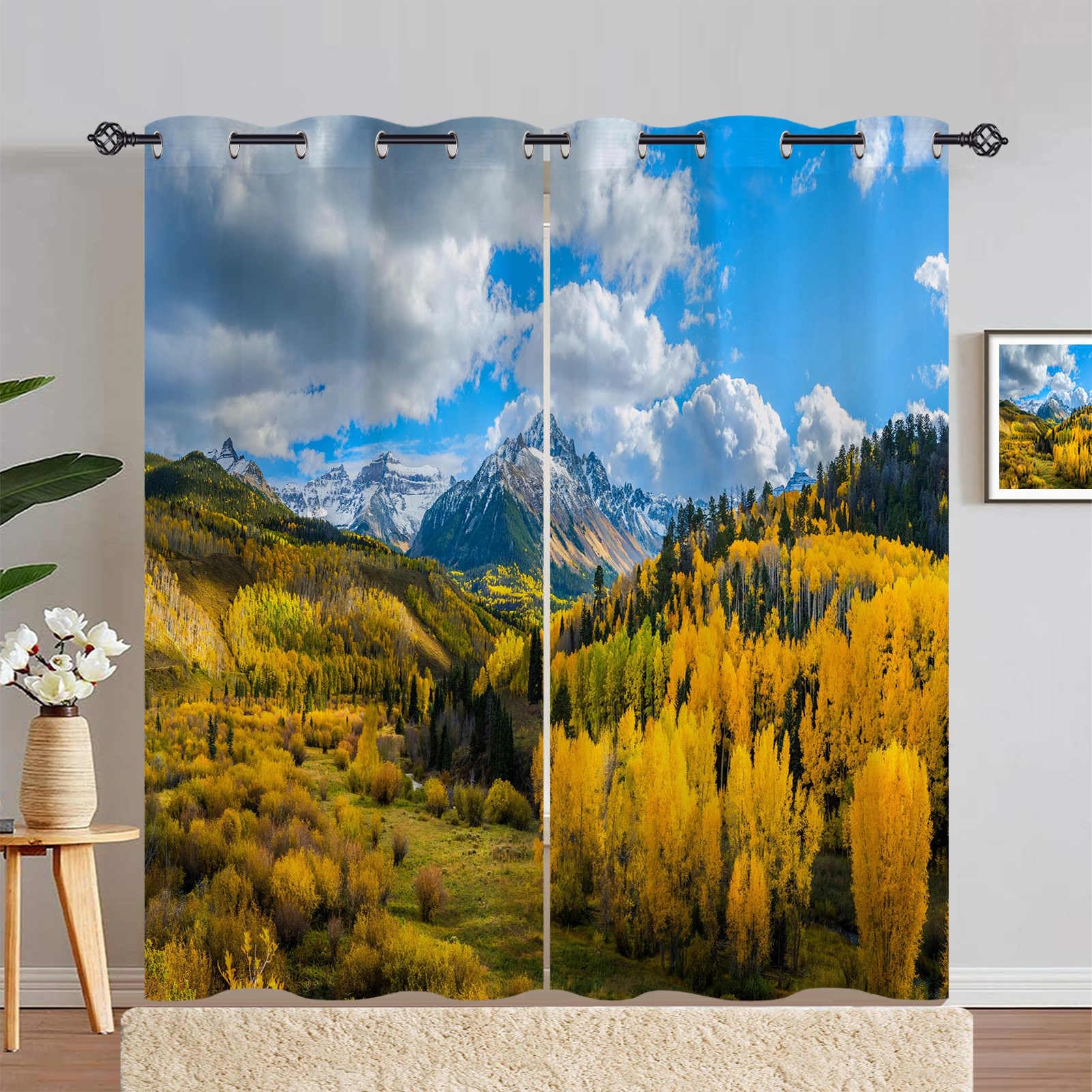 ANHOPE Autumn Curtains Eyelet Ring Top Soft Thermal Insulated Blackout Curtains Mountain Forest Tree Print Pattern Decorative Window Drapes for Bedroom Living Room 66 x 90 Drop Inch 2 Panels — image 1