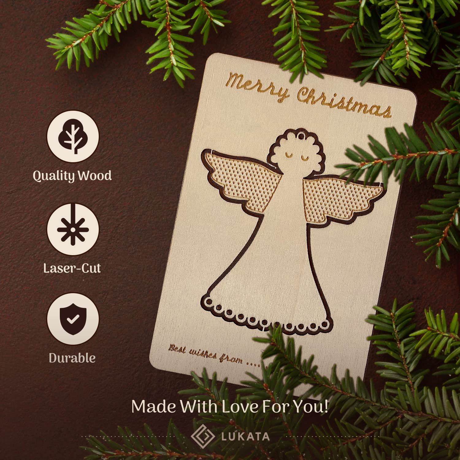 Lukata Premium Wooden Card with Pop-Out Angel & Envelope, Merry Christmas Card For Friends & Family, Hanging tree decorations - Image 2