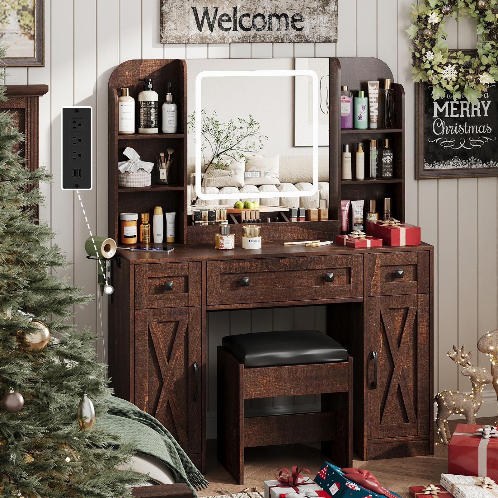 Vabches Makeup Vanity Desk, Vanity Mirror with Lights Desk and Chair,Makeup Table with 3 Large Drawers and 2 Cabinets, Time and Temperature Display, 3 LED Lighting Modes Adjustable, Brown