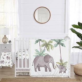 Sweet Jojo Designs Watercolor Elephants Boy Girl Gender Neutral Baby Crib Bedding Set Nursery Room Blanket Fitted Sheet Skirt Diaper Stacker 4p Green Grey Jungle Safari Palm Trees Nature Fringe Tassel