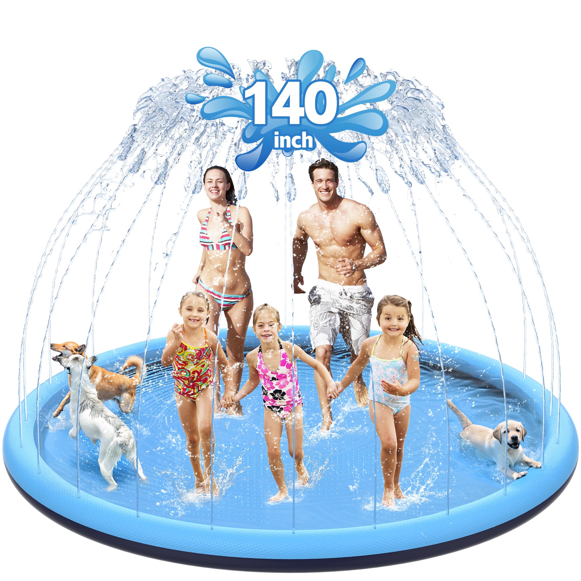 CACSPS 140" Non-Slip Splash Pad for Kids and Dog, Thicken Sprinkler Pool Summer Outdoor Water Toys, Extra Large Backyard Wading Pool for Children Boys