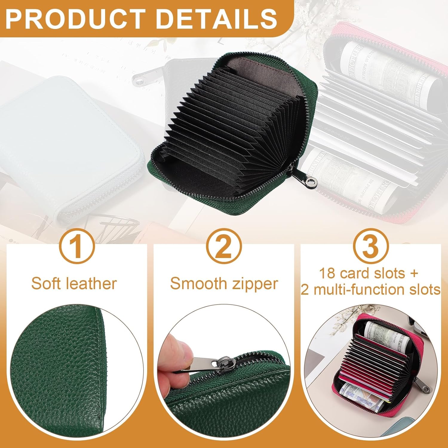 uxcell Leather Credit Card Holder, 20 Slots Small Accordion Zipper Wallet for Women and Men RFID Blocking Secure Organizer with Zipper, MultiFunctional Wallet for ID & Cards (Green) - Image 3