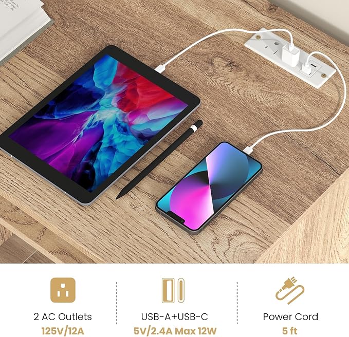 Escritorio con 3 Cajones y Estación de Carga, 106x49 cm, Nat miniatura 8