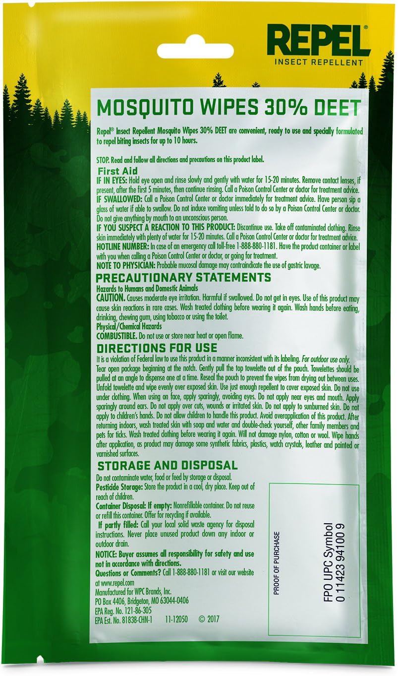 Repel 94100 Sportsmen 30-Percent Deet Mosquito Repellent Wipes, 15 Count 6-Pack : Health & Household