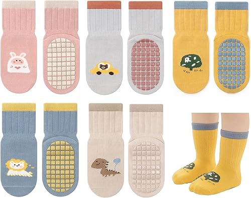 Calcetines antideslizantes para bebés con agarres, bonitos calcetines antideslizantes para niños pequeños y niños, 5 pares