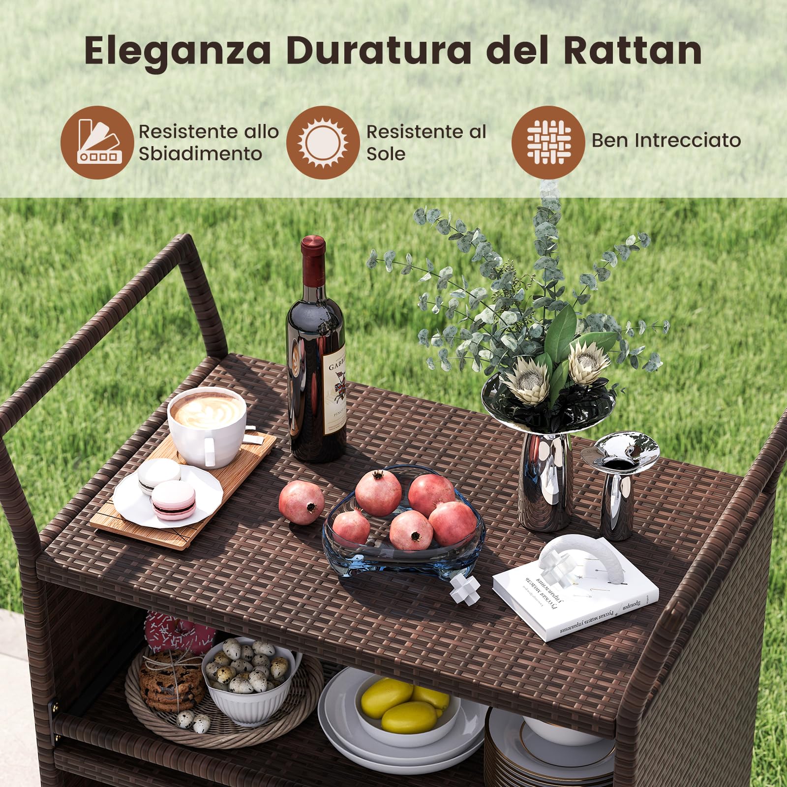 COSTWAY Carrello da Bar da Esterno, Mensola di Stoccaggio in Vimini con 3 Livelli Ruote e Maniglie Laterali, Tavolino da Servizio per Giardino Bordo Piscina Veranda, 86 x 50 x 89 cm