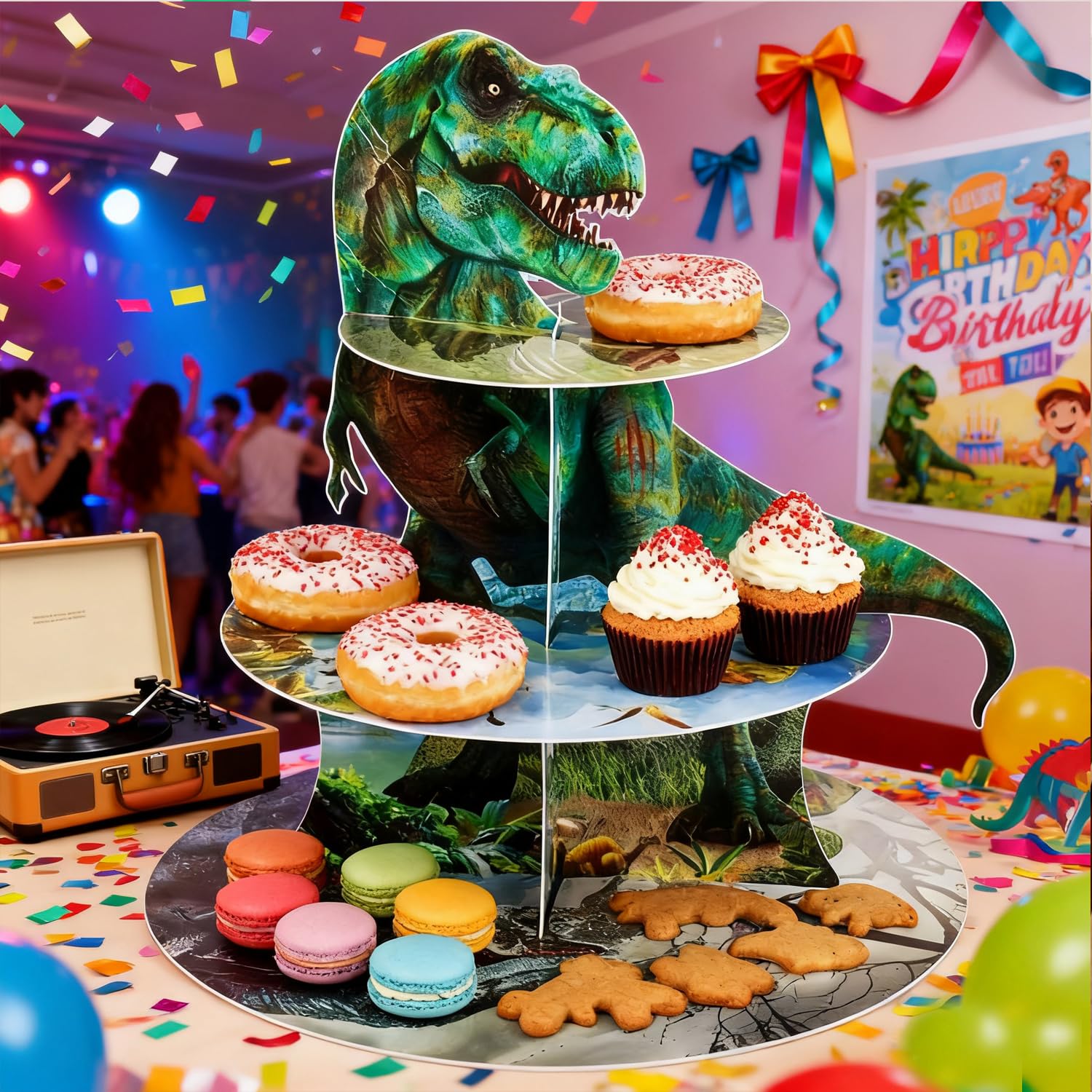 Dinosaurier-Cupcake-Ständer, 3 Etagen – Aquarell-Design, Aus Pappe, 30 Cm Hoch | Für Mottopartys, Geburtstage & Events