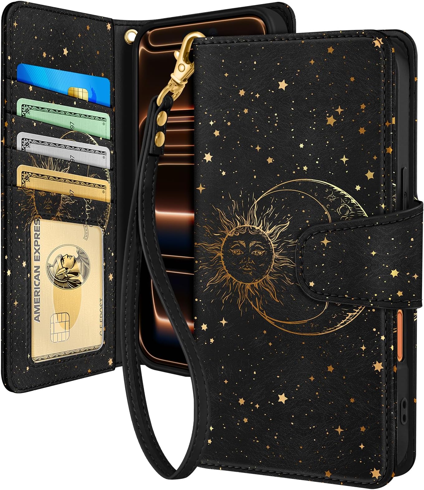 Toycamp for iPhone 17 Pro Max Wallet Case with Wrist Strap - Leather Flip Folio Phone Case with RFID Blocking 4 Card Holder for Apple for iPhone 17 Pro Max Funda Cute Aesthetic for Women,Sun and Moon