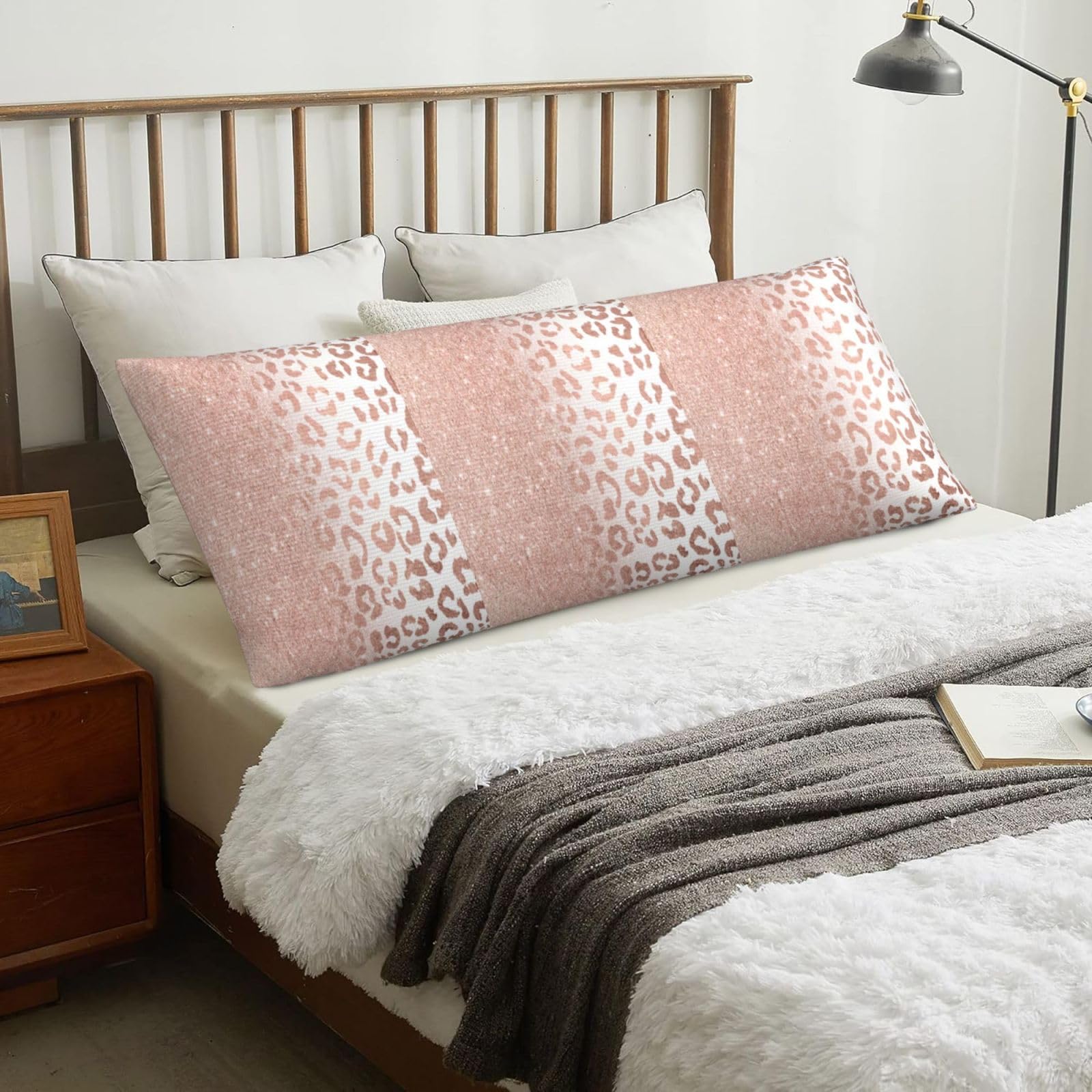 Trendy Faux Rose Gold Glitter Ombre Leopard, Body Pillow Cover with Zipper,Long Body Pillowcase 20 x 60 in