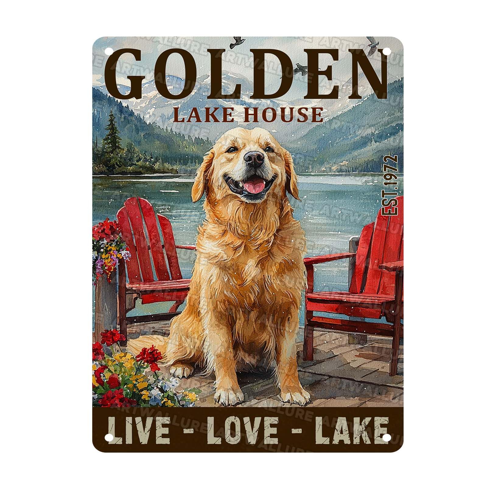 Retro Golden Retriever Lake Cabin Wall Decor Metal Plaque Vintage Rustic Tin Sign for Home Cabin Lakeside Rustic Wall Art Dog Lover Gift 12x16Inch
