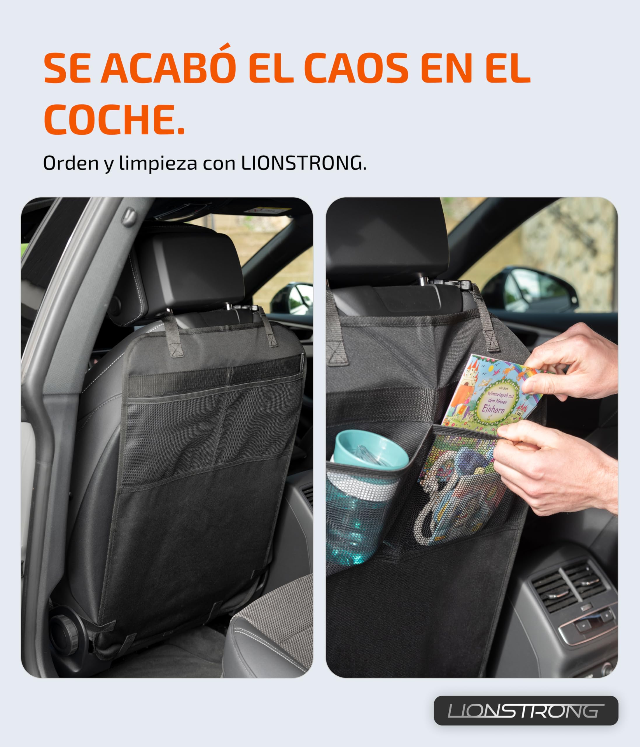 LIONSTRONG Organizador de coche para niños, asiento trasero [resistente al agua] – Protección del respaldo del coche niños – Organizador para asiento de coche – Protección del asiento del respaldo
