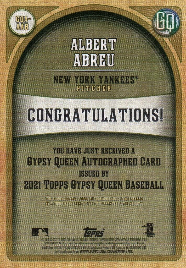 Albert Abreu Autographed Oncard Gypsy Queen Rookie Collectible Baseball Card - 2021 Topps Gypsy Queen Rookie Baseball Card #GQA-AAB (Yankees) Free Shipping