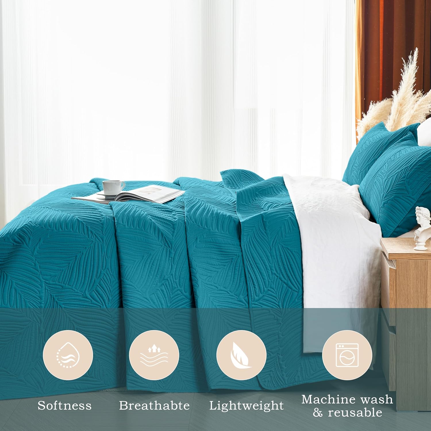 OARAGE King Quilt Bedding Set Lightweight Soft Teal Bedspread Coverlet with Leaf Pattern,Ultrasonic Microfiber Bed Cover Set for All Season 3 Pieces (1 Quilt, 2 Shams) - Image 2