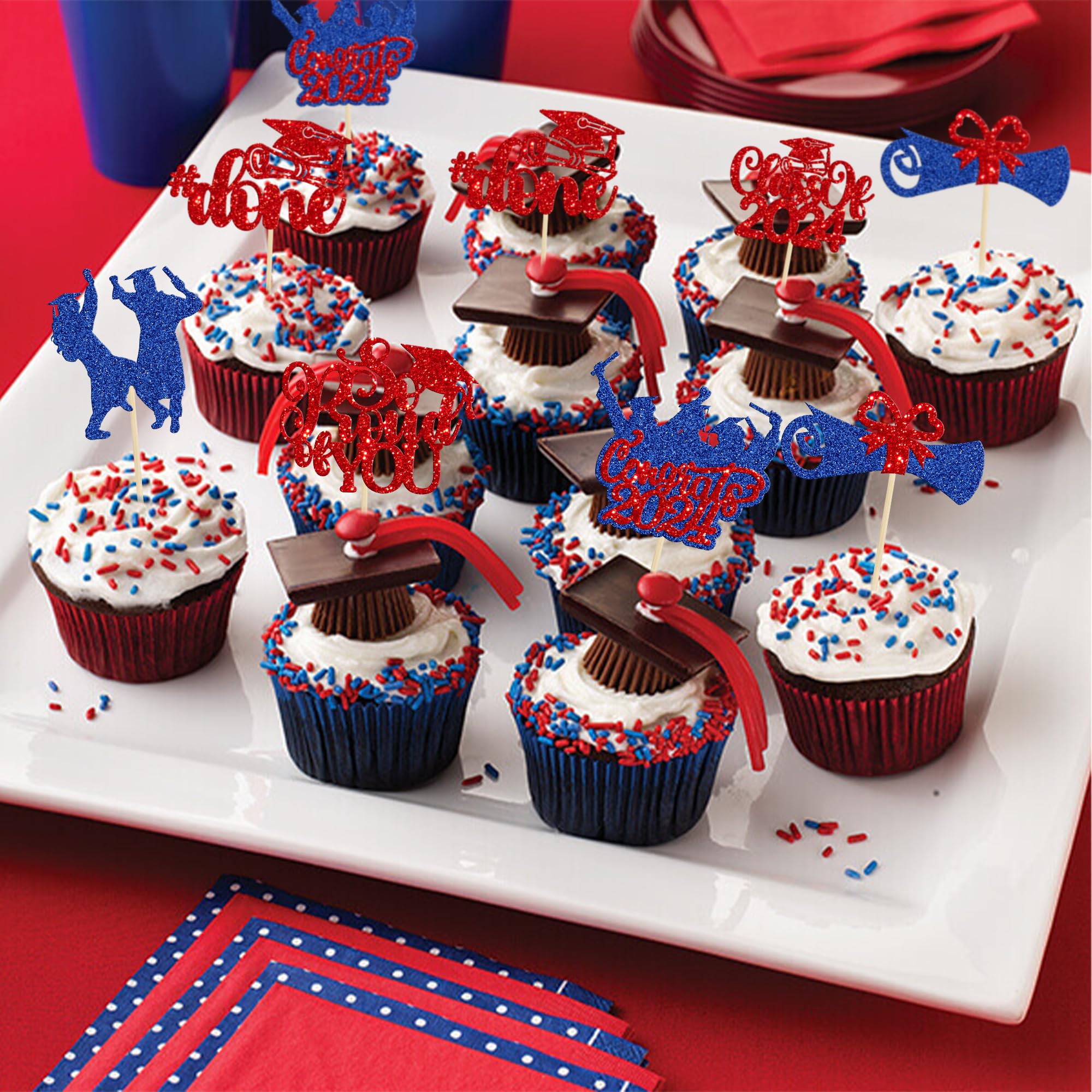 Gyufise 24Pcs 2026 Graduation Cupcake Toppers Glitter Class of 2026 Diploma Congrats Grad 2026 Cake Decorations Cap Cupcake Picks 2026 Graduation Theme Party Cake Decorations Supplies Red Blue - Image 4