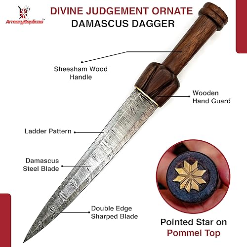 Miniatura 3 de Armory Replicas Daga ceremonial de acero de Damasco ornamentada de juicio divino  Cuchillo coleccionable forjado a mano de inspiración medieval con