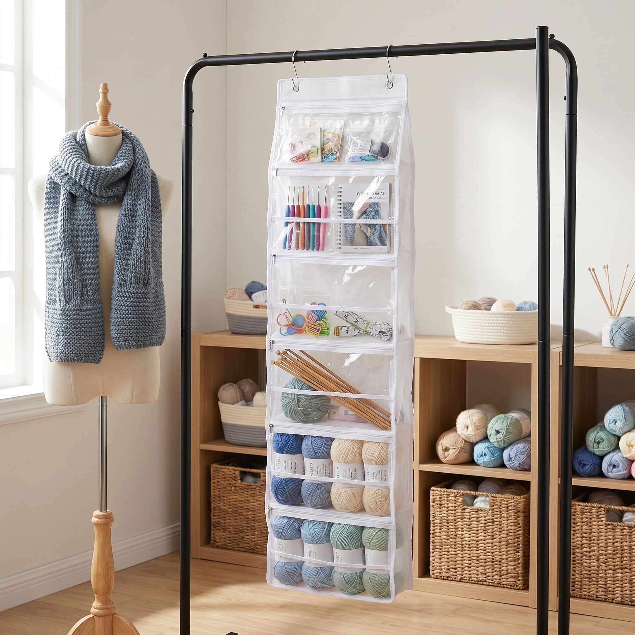 Organizzatore per Filati da Appendere con 6 Tasche con Chiusura a Cerniera - Borsa Multi-Scomparto da Appendere alla Porta, Trasparente, Porta Kit per Uncinetto, Gancio per Armadio, ago