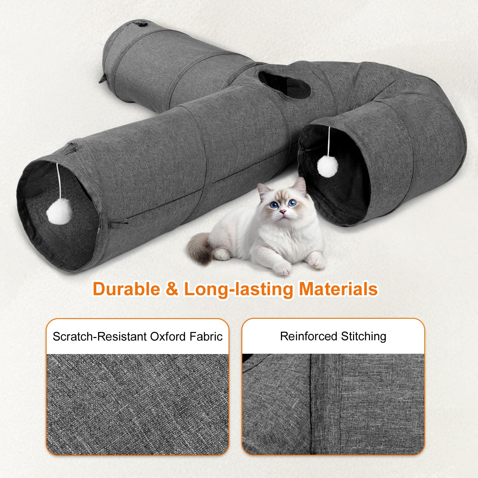 Ownpets Tunnel per gatti, materiale in tessuto con palla e teaser, espandibile e pieghevole, tunnel da gioco per gatti, cuccioli, conigli, grigio