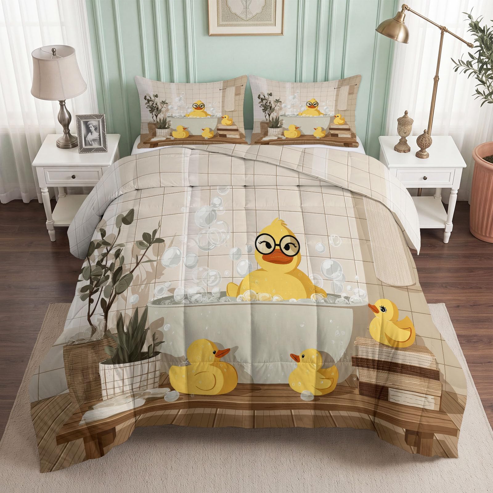 Trapunta 240 x 260 cm stampata anatra vasca da bagno bolle 4 stagioni per letto matrimoniale lavabile in lavatrice cartone animato bambino anatra gialla trapunta, reversibile senza fodera con 2 federe