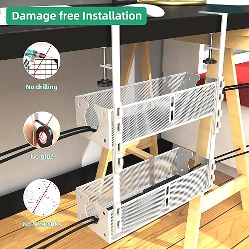 Miniatura 5 de Bandeja de gestión de cables para debajo del escritorio, 2 paquetes de metal para debajo del escritorio, montaje de abrazadera de gestión de cables