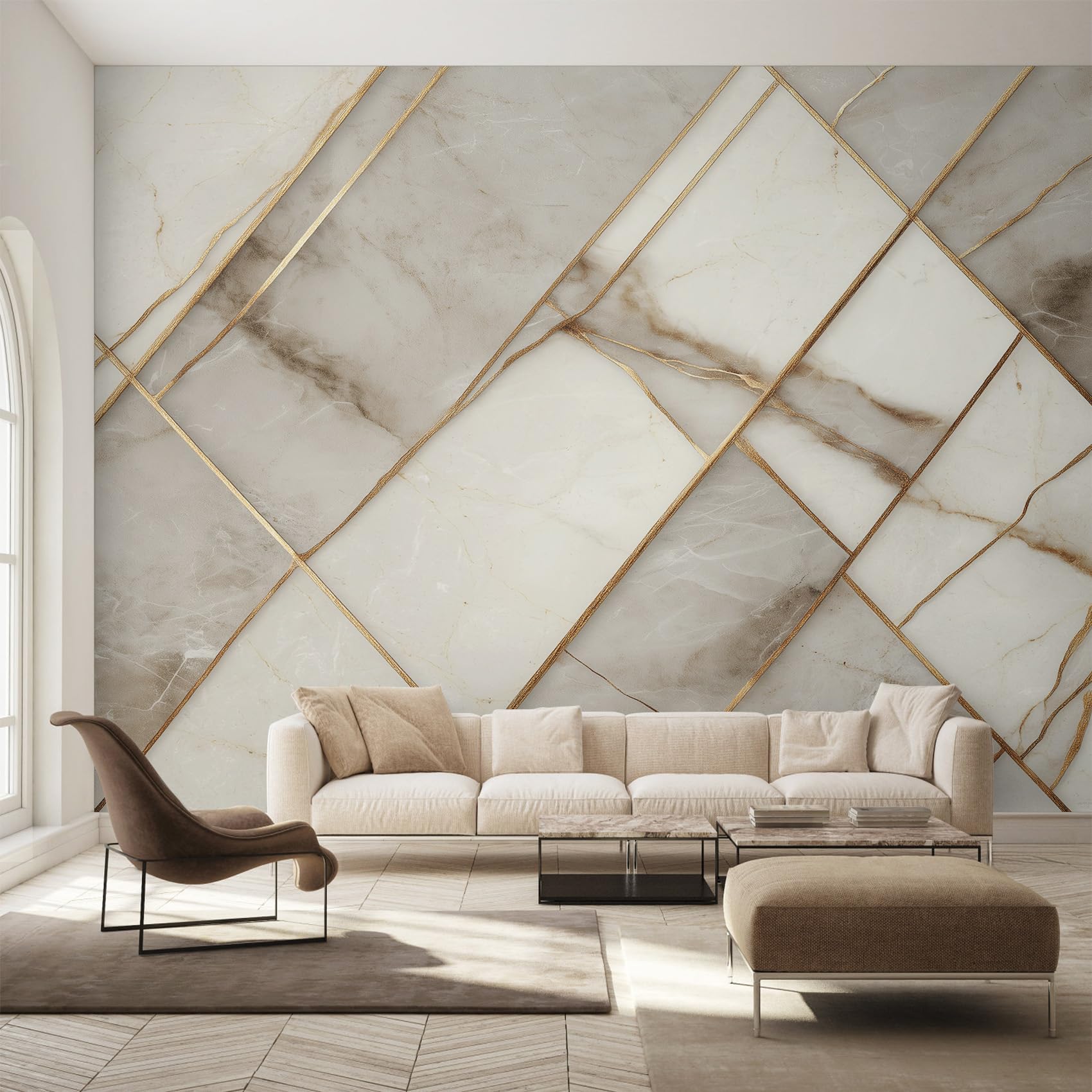 Papier peint intissé marbre beige doré panoramique 400x280 cm pour la décoration du salon