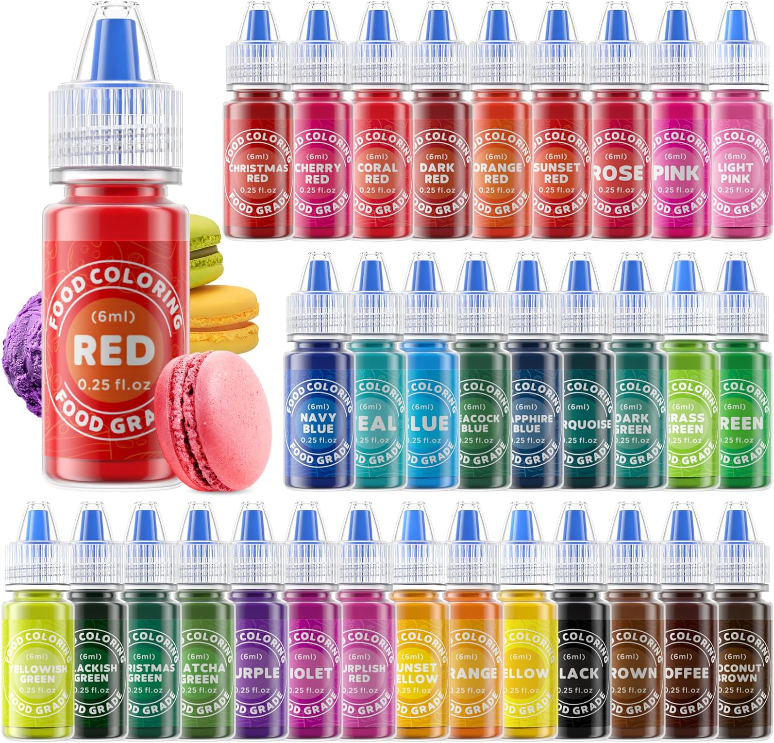 Food Coloring - 33 Food Grade Vibrant Colors Food Coloring Liquid Set, Food Dye Color for Baking, Icing, Cookie, Cake Decorating, Easter Egg, DIY Making Supplies Kit (0.25 Fl Oz (Pack of 33))