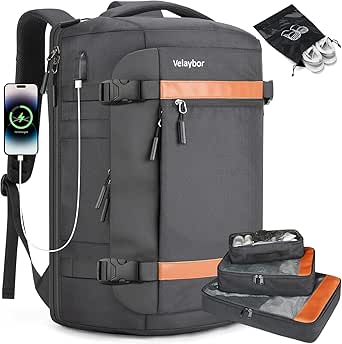 Velaybor 42L Travel Backpack with 4 Packing Cubes, Flight Approved Carry-On Bag with USB Charging Port, Water-Resistant Weekender Business Backpack for Men Women, Fits 17.3" Laptop