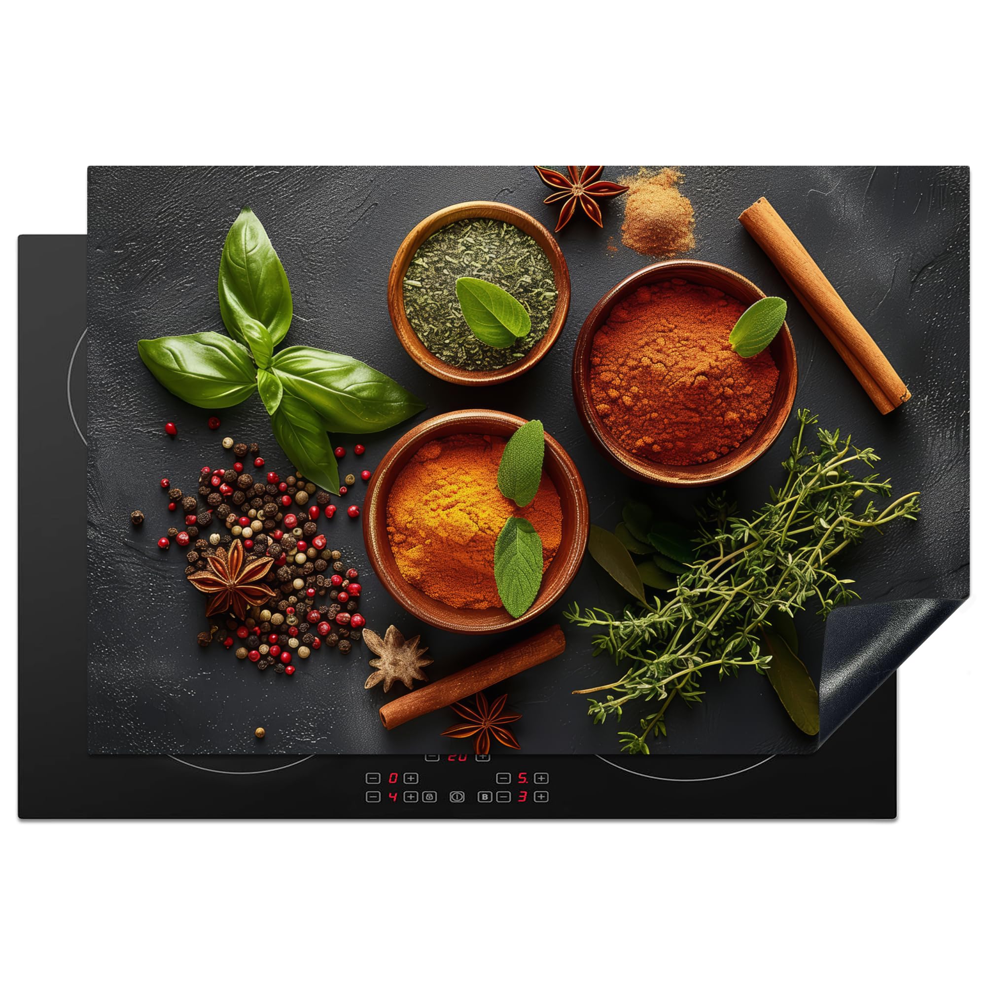 KitchenYeah© Induction Hob Protector Mat 20.1"x30.3" / 77x51 cm Cooker Top Protectors Cover Ceramic Covers Electric Hobs Vinyl Herbs - Concrete - Cinnamon - Spices — image 1