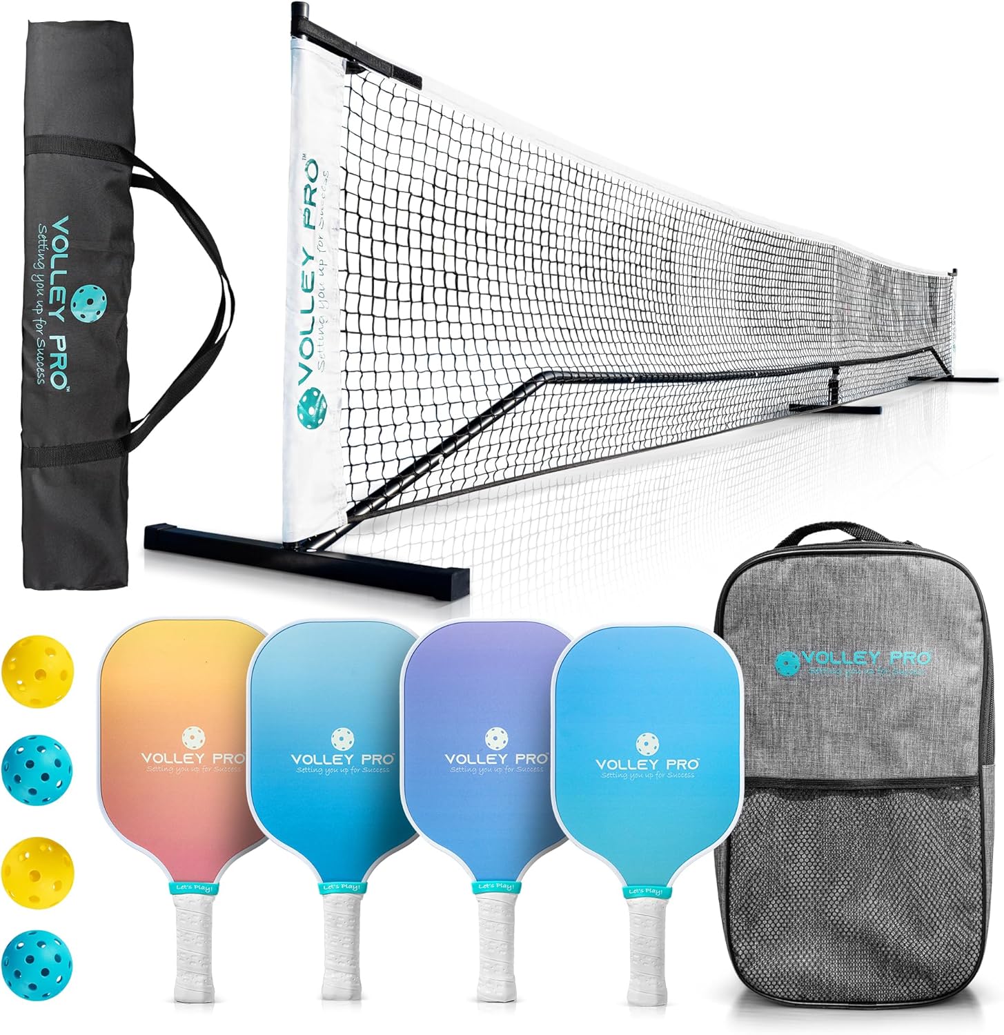 VolleyPro Portable Pickleball Set with Net 4 USAPA Approved Paddles