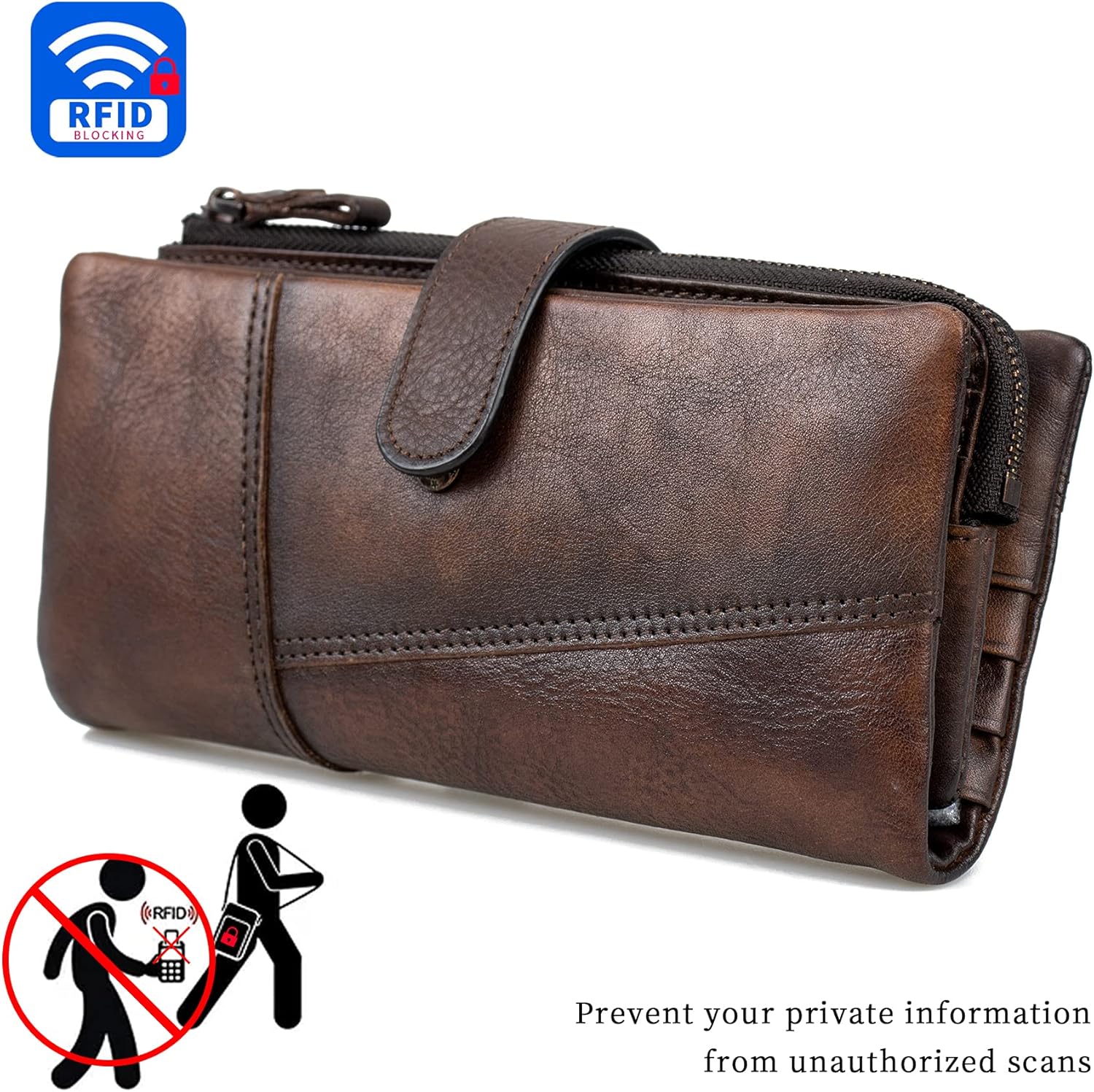 Women RFID Blocking Wallet Leather Vintage Large Capacity Credit Card Clutch Coffee - Image 4