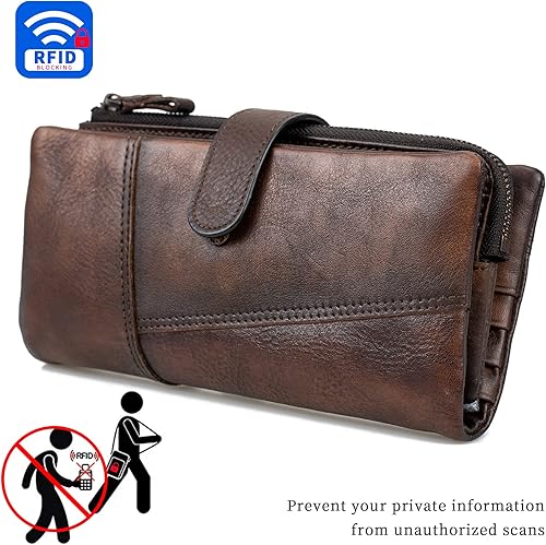 Miniatura 4 de Cartera de cuero vintage de gran capacidad para mujer, embrague para tarjetas de crédito, Dcoffee, Cartera de cuero genuino para mujer