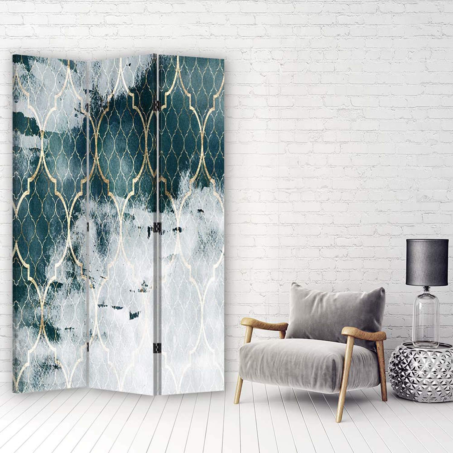 Paravent intérieur Motif doré 110x170 cm Réversible 3 Panneaux Bleu