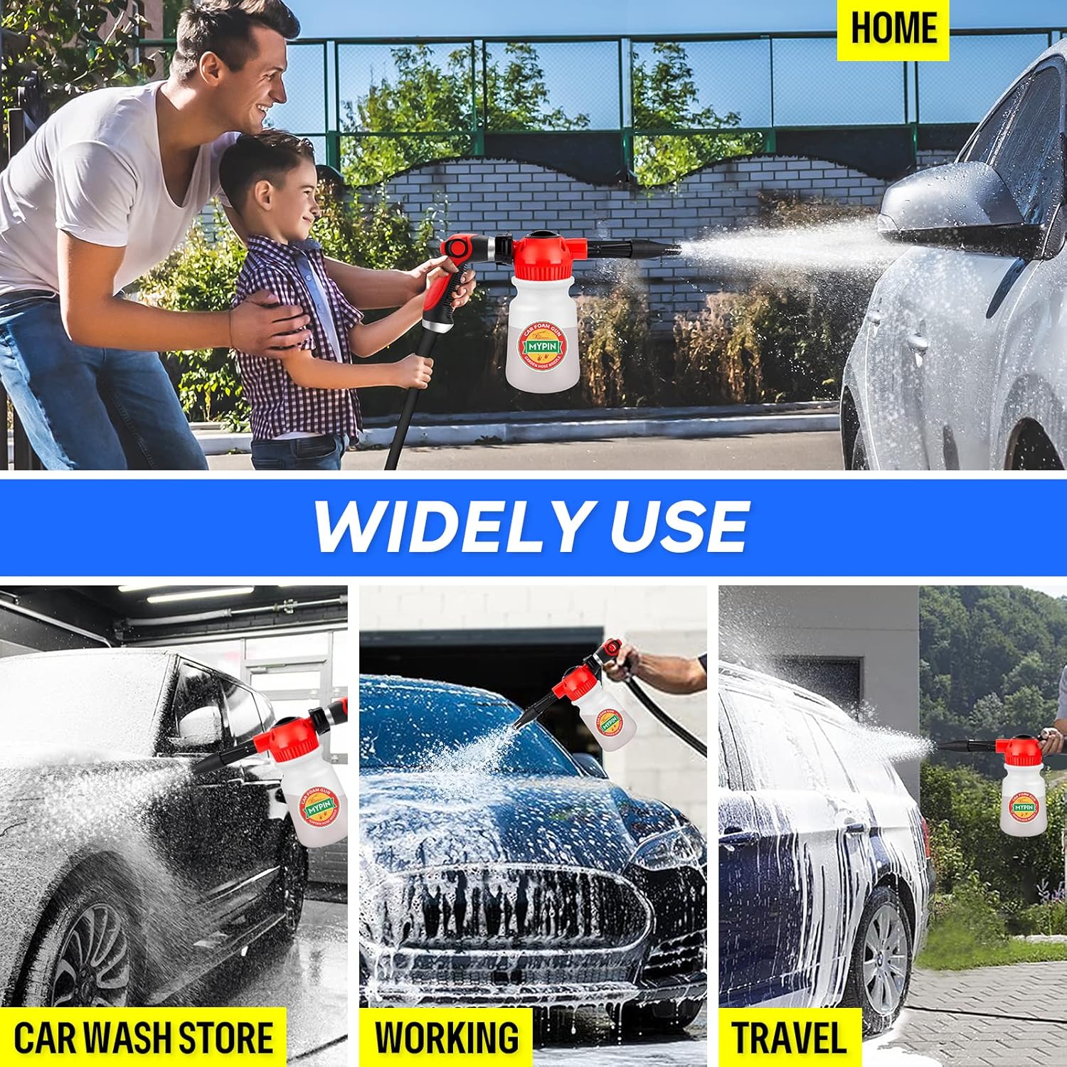 MYPIN Car Wash Foam Gun Set, Foam Cannon, Adjustable Hose Wash Sprayer with 2.5 to 6 Bars Foam Blaster, with Nozzles, Wash Mitten, Suitable for Car Cleaning and Garden Use with 1/2” Quick Connector