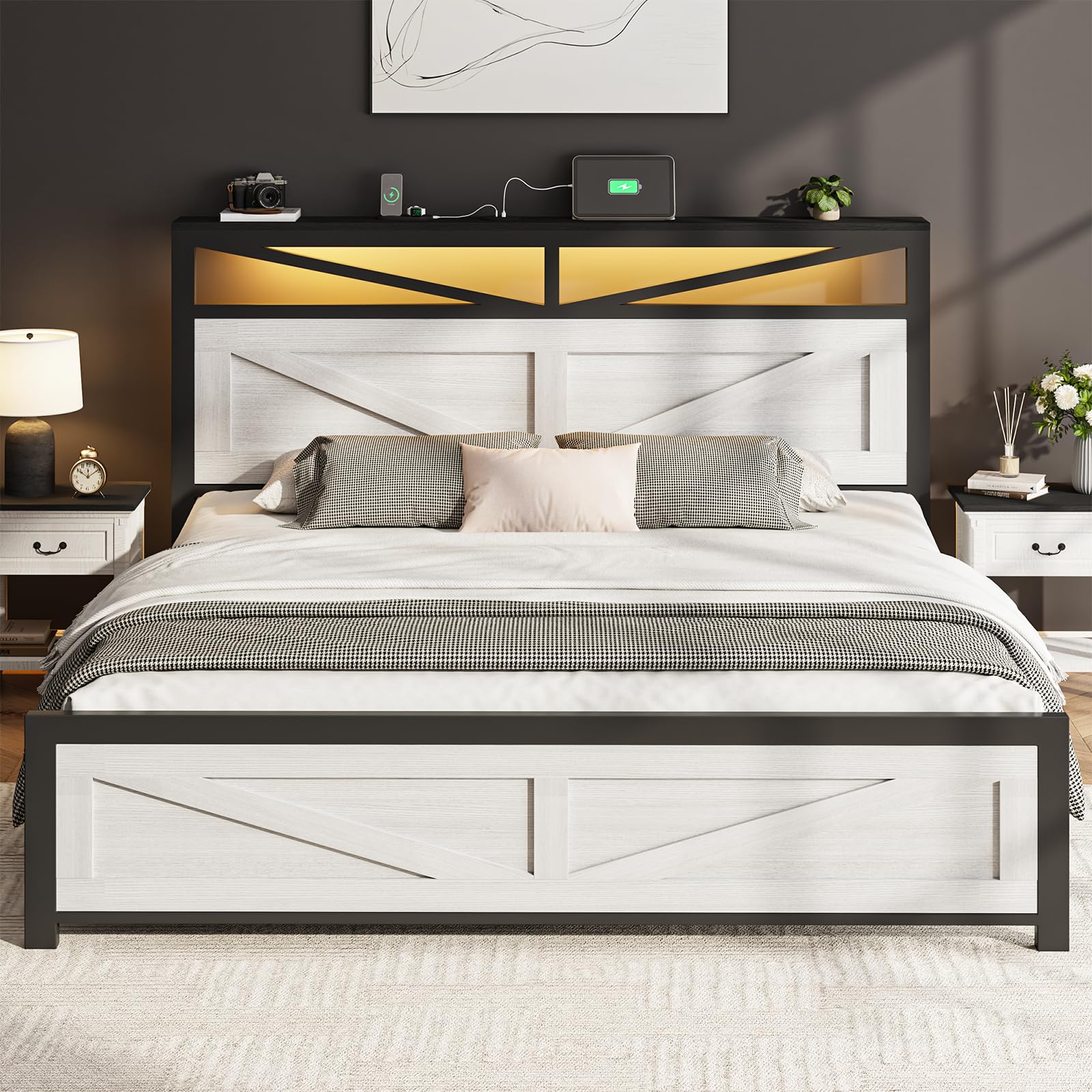 PROZENBDING Cadre de lit Double 160x200 avec LED et USB, Blanc | cadre de lit bois, rangement intégré, lit avec sommier à lattes – sans matelas,