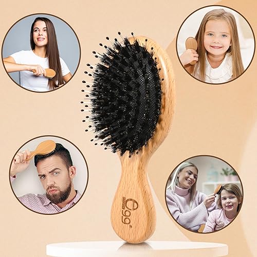 Miniatura 7 de BLACK EGG Cepillo de pelo Mini cepillo de cerdas de jabalí para cabello grueso, rizado, fino, largo, corto, húmedo o seco, desenreda, masaje para