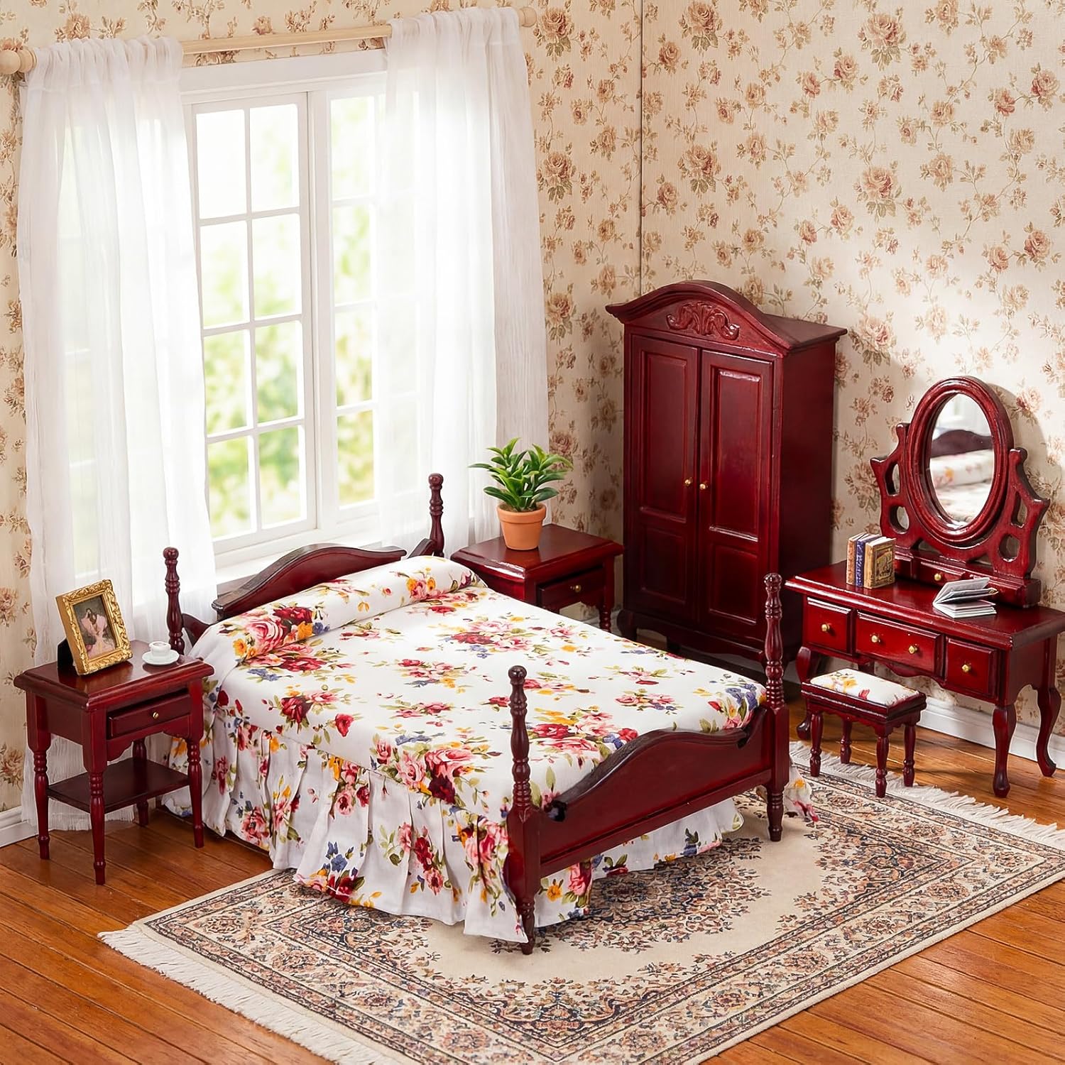 Skylety 6 Pcs Dollhouse Furniture 1: 12 Scale Wooden Victorian Dollhouse Bedroom Furniture Set Include Bed Dressing Table Wardrobe for Adults Toys Miniature Doll House Accessories