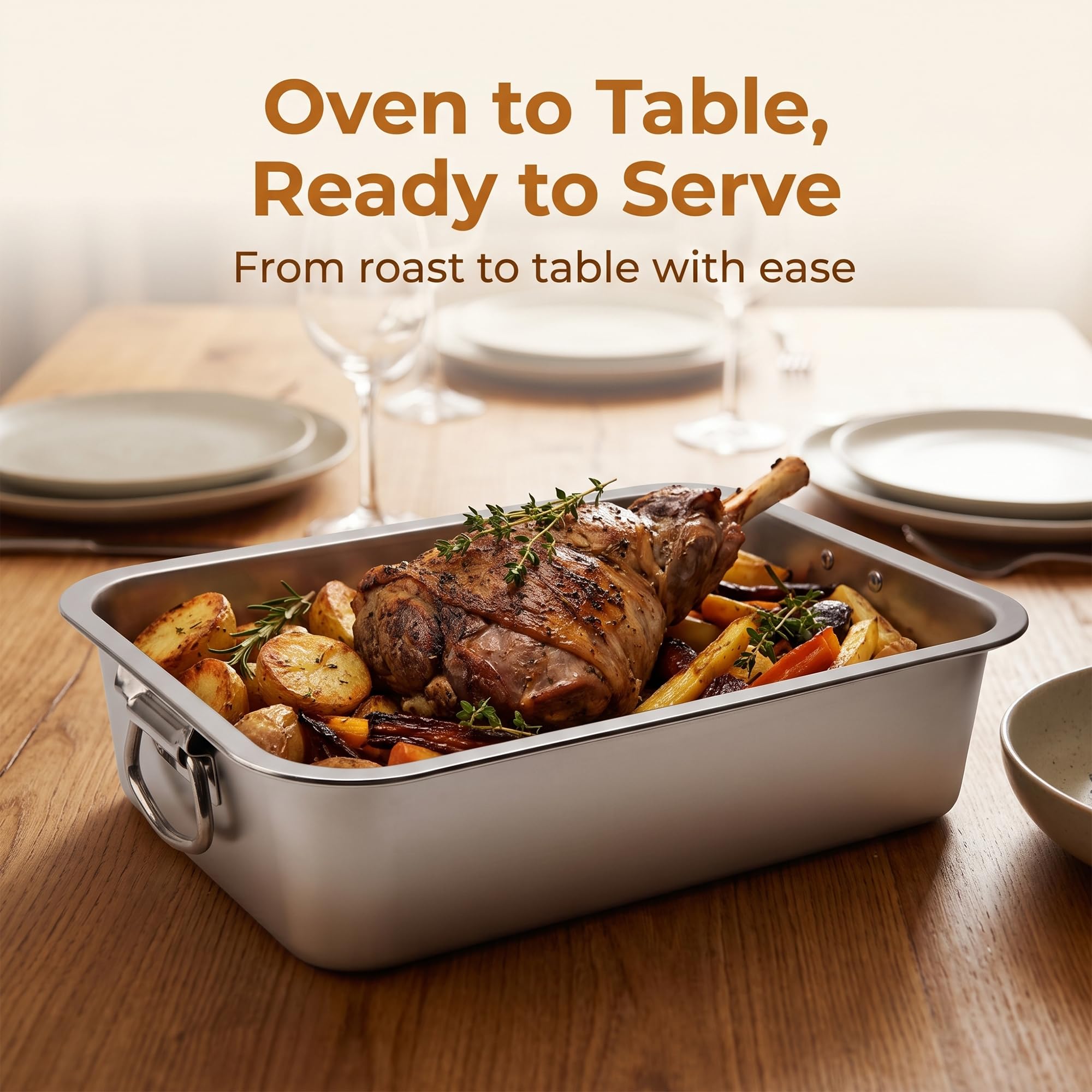 FUNSUEI Grand plat à rôtir en acier inoxydable – 40 x 30 x 10 cm – Plaque de cuisson profonde avec poignées, pour dinde, gigot d'agneau, légumes, capacité de 9 L, passe au lave-vaisselle