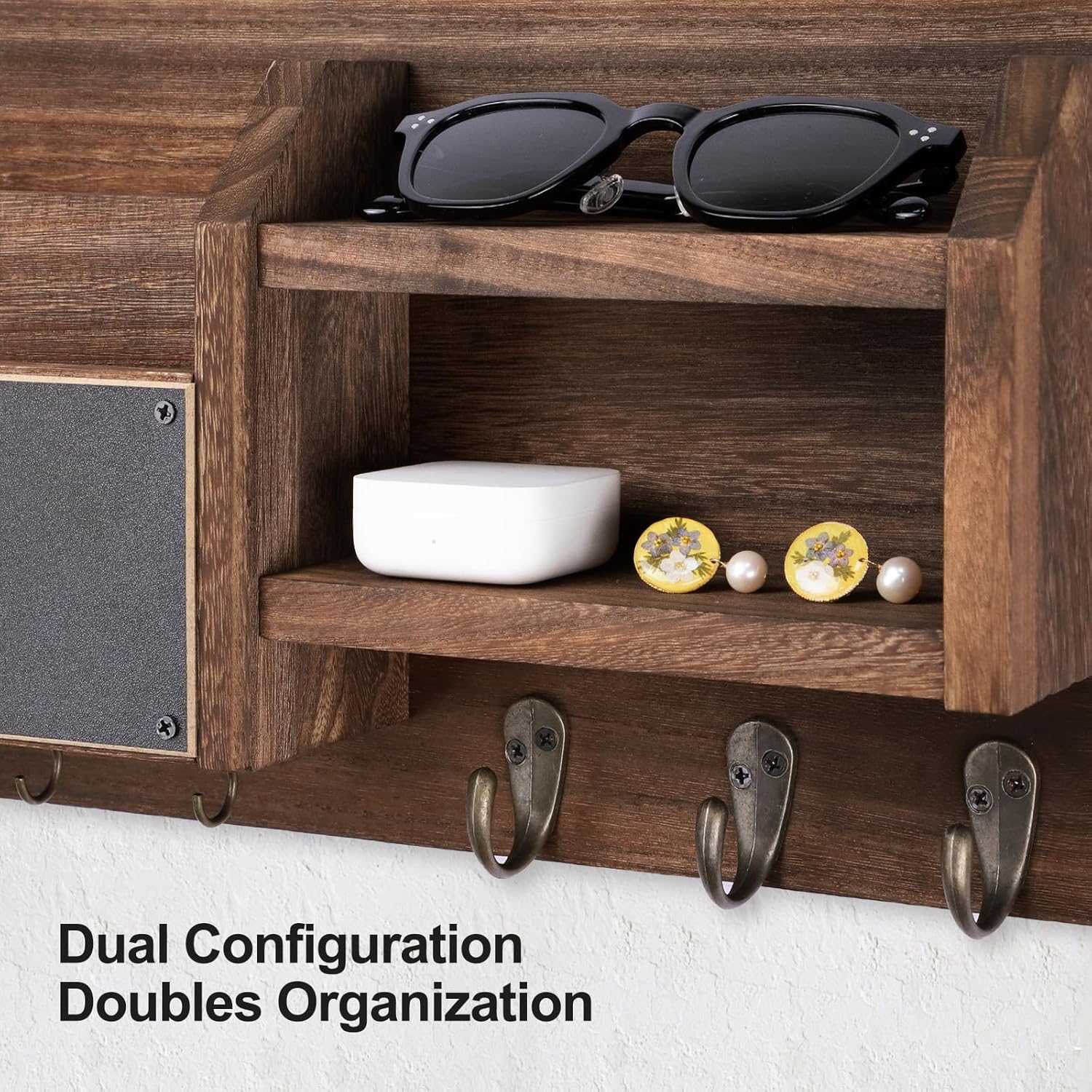 Mail and Key Holder – Wall Mount Key Hanger with Shelf and 7 Metal Hooks – Decorative Natural Paulownia Wood Entryway Organizer with Mounting Hardware (16.5”W x 8.7”H x 3.5”D) (Brown)