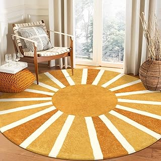Lahome Boho Round Rugs - 4Ft Washable Non-Slip Small Round Area Rug Throw Soft Sofa Kids Nursery Room Rug Rainbow Sun Print Distressed Round Carpet for Bedroom Entryway Living Room Dining Room