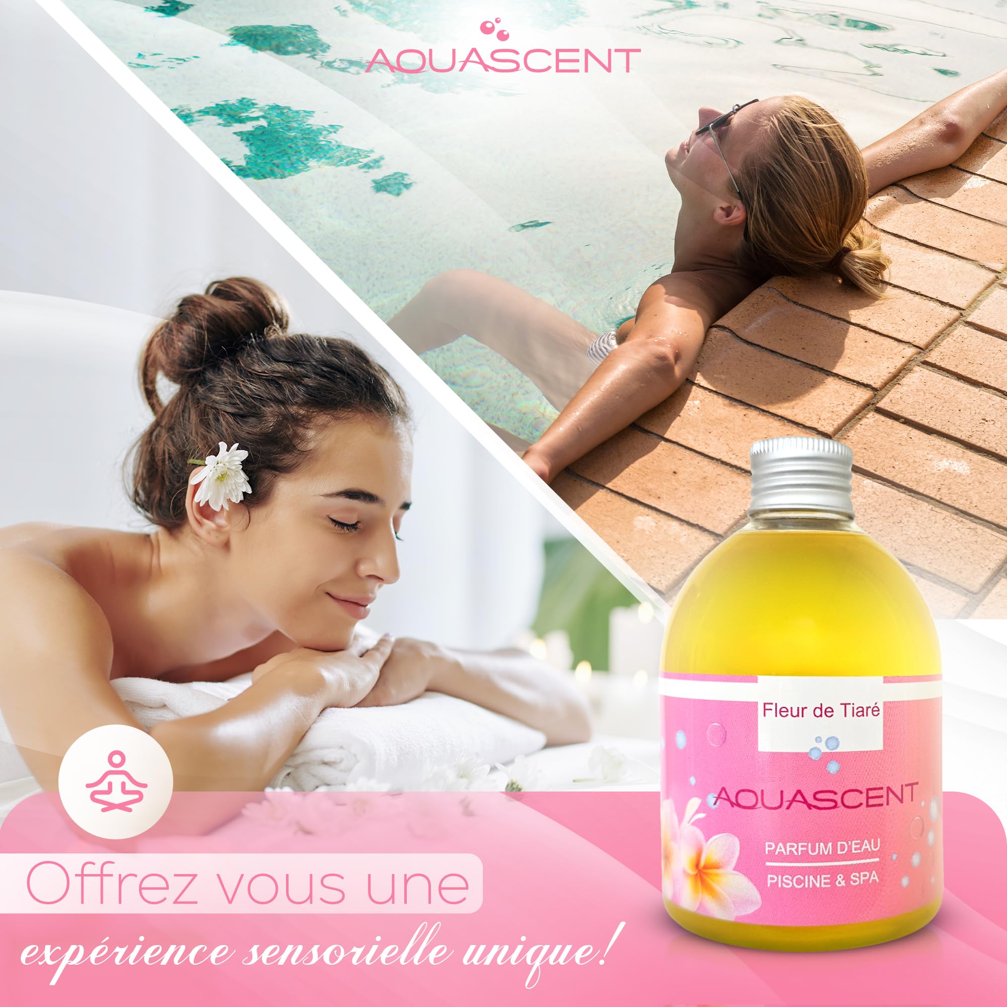 Parfum d'Eau Piscine et Spa FLEUR DE TIARE - Concentré 250ml : élimine les odeurs, préserve l'eau claire, sans alcool ni colorant. Fabriqué en France. Compatible Sel & Chlore