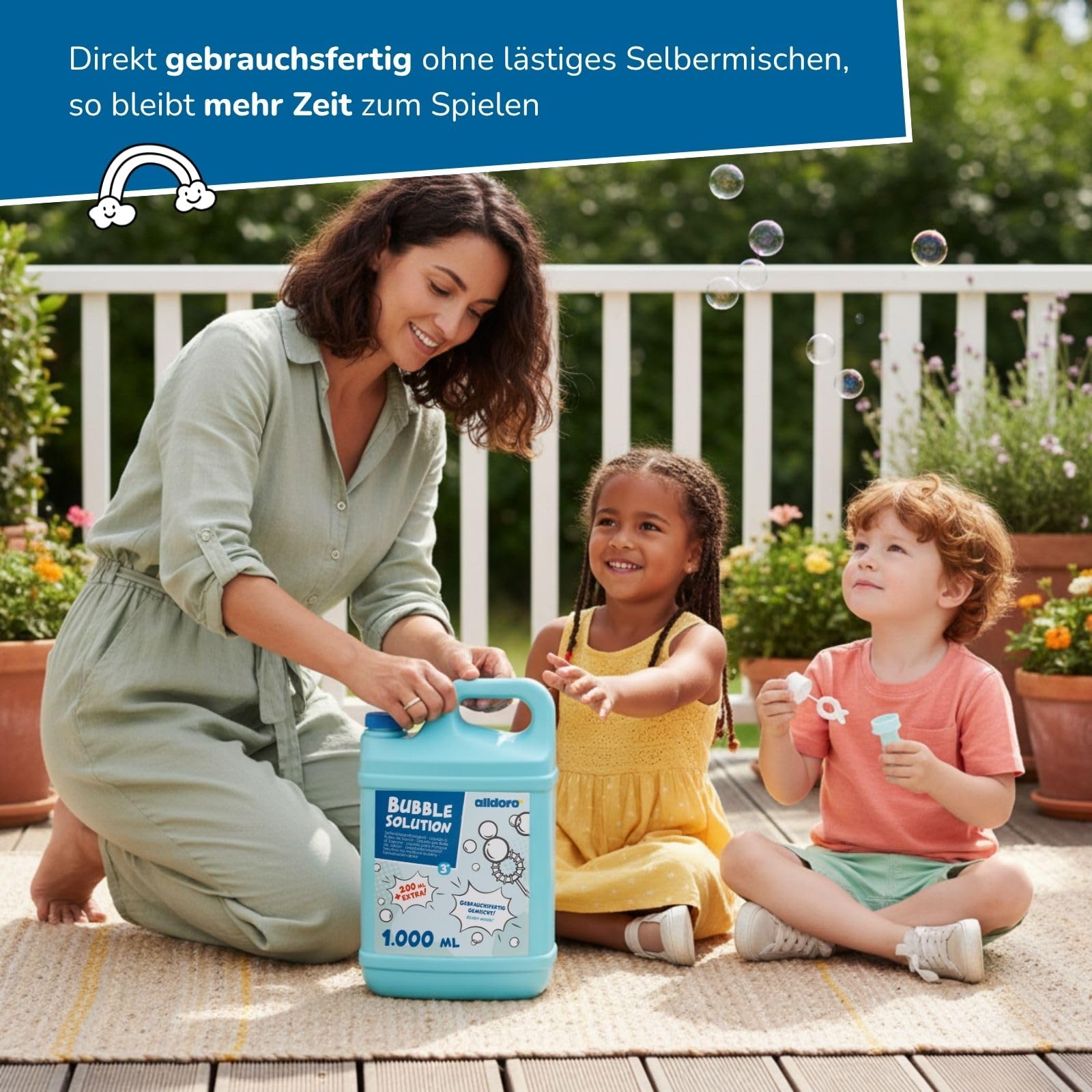 alldoro 68801 Partyspiele Set mit LED-Seifenblasenmaschine Torte & 1,2_L Seifenblasenflüssigkeit, 4 Outdoor-Spiele, für Kinder ab 3 Jahren