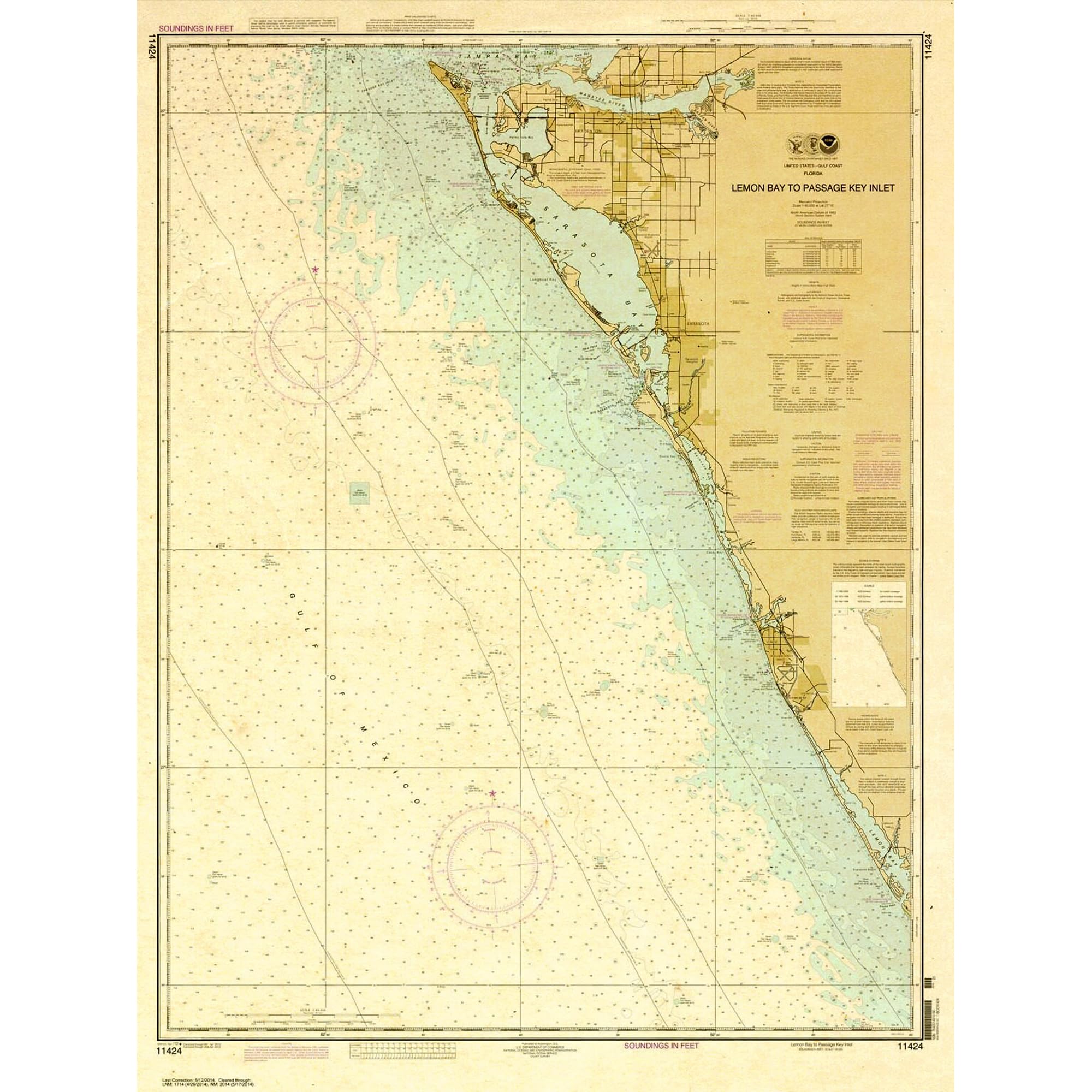Paradise Cay Publicatoins, Inc. Historical NOAA Chart 11424: Lemon Bay to Passage Key Inlet - Print on Demand - Historic Version or Updated NCC