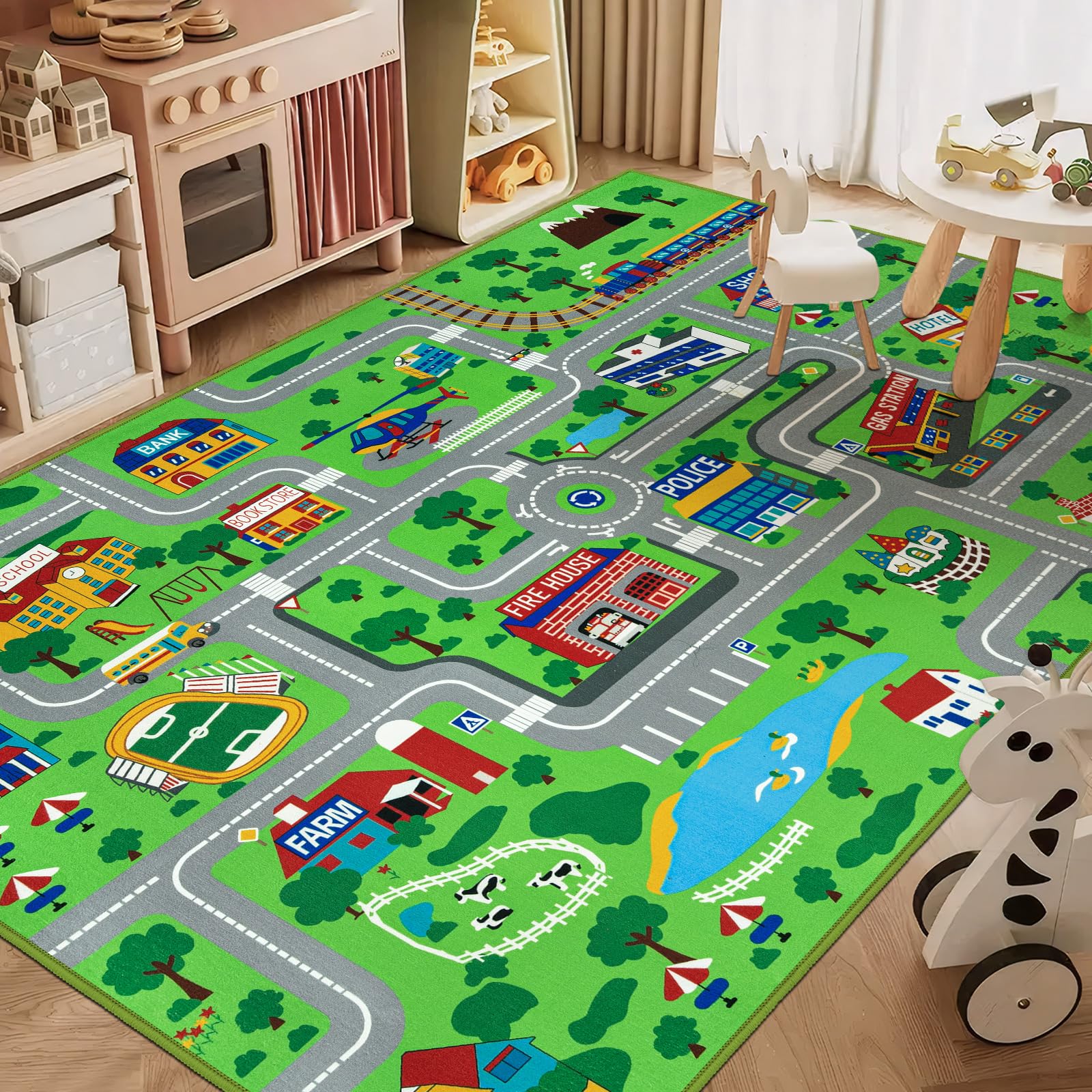 Capslpad Kinderteppich rutschfest Stadtplan Spielteppich Pädagogischer Spielteppich Maschinenwaschbar Kurzer Flor Autoteppich Kinder für Kinderzimmer Schlafzimmer Spielzimme